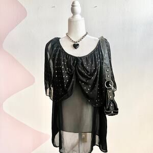 Vintage Black Polka Dot Mesh Top Sheer Y2K 2000s Glam Coquette Clubwear XL